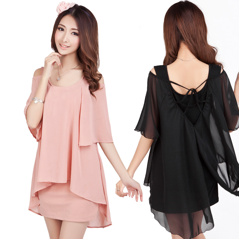 2015春夏季新款韩版假两件套宽松大码品质雪纺衫连衣裙子女装