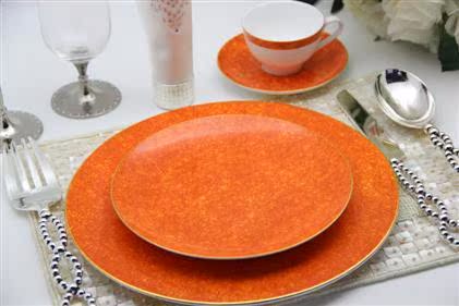 欧式古典橙色陶瓷西餐盘咖啡杯碟装饰饰品摆件样板房摆设软装配饰