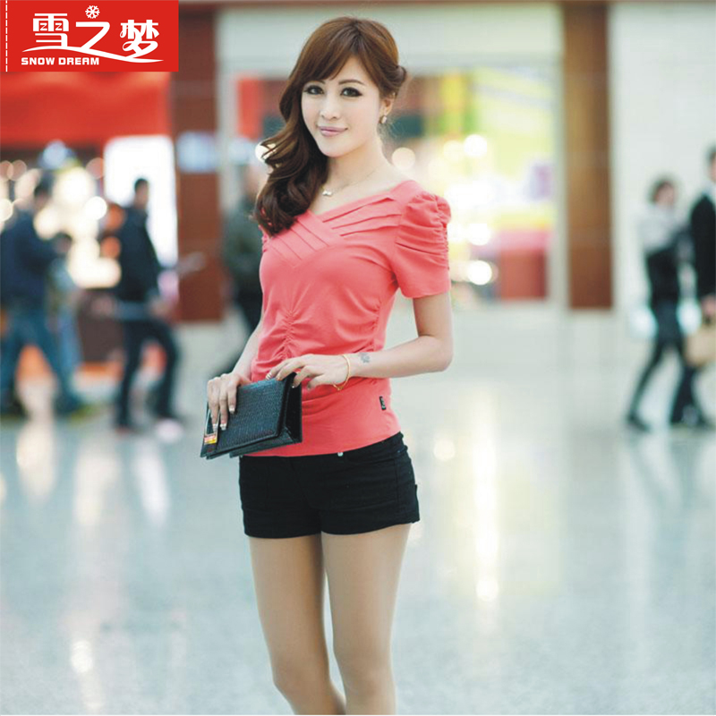 2014最新韩版女装短袖 荷叶短袖T恤 女 收身短袖 泡泡短袖 女V领折扣优惠信息