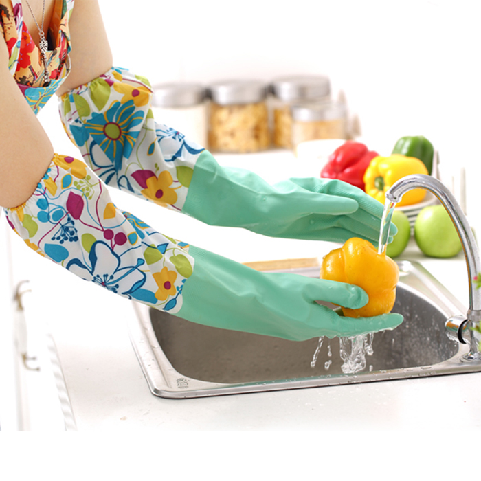 韩版加长加绒洗菜洗碗手套花袖保暖家务手套乳胶清洁洗衣皮手套