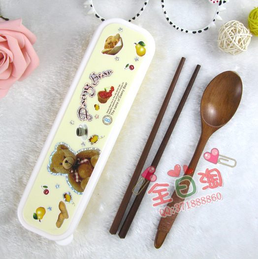 韩式小熊餐具盒 红木筷子 缠线木勺子 便携式餐具三件套装 开学用