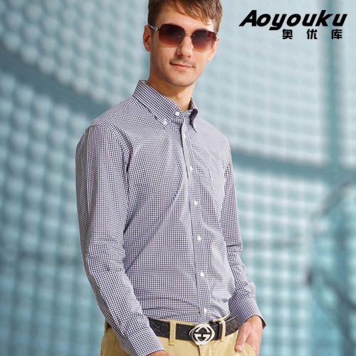 AYK 高档夏季薄款 男士长袖衬衫纯棉 修身英伦小格子衬衣韩版