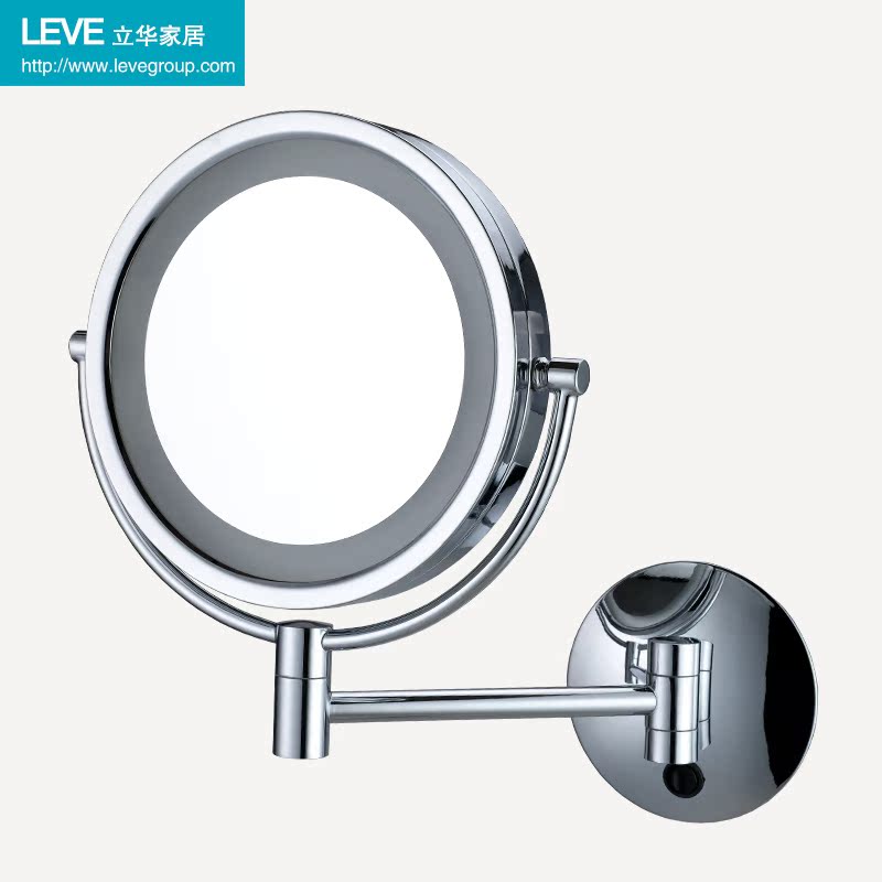 LEVE 全铜圆形双面LED化妆镜 浴室镜 壁挂美容镜 带灯防雾伸缩