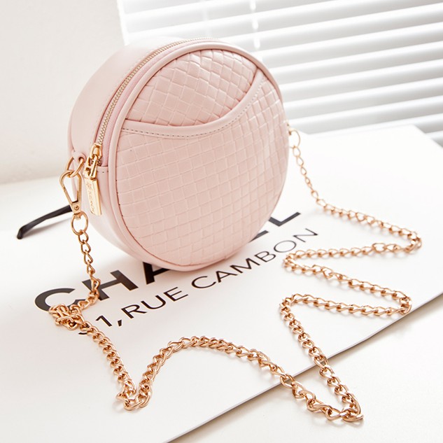 韩版新款女包糖果色粉色圆形编织链条单肩斜跨包迷你小包包手机包
