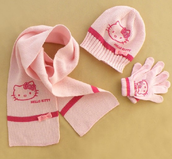 hello kitty凯蒂猫儿童帽子，围巾，手套3件套防寒保暖套装粉红