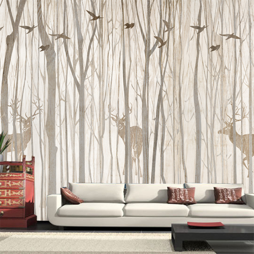 3D简约欧式大型壁画 墙纸无缝布电视背景墙田园客厅墙画森林小鹿