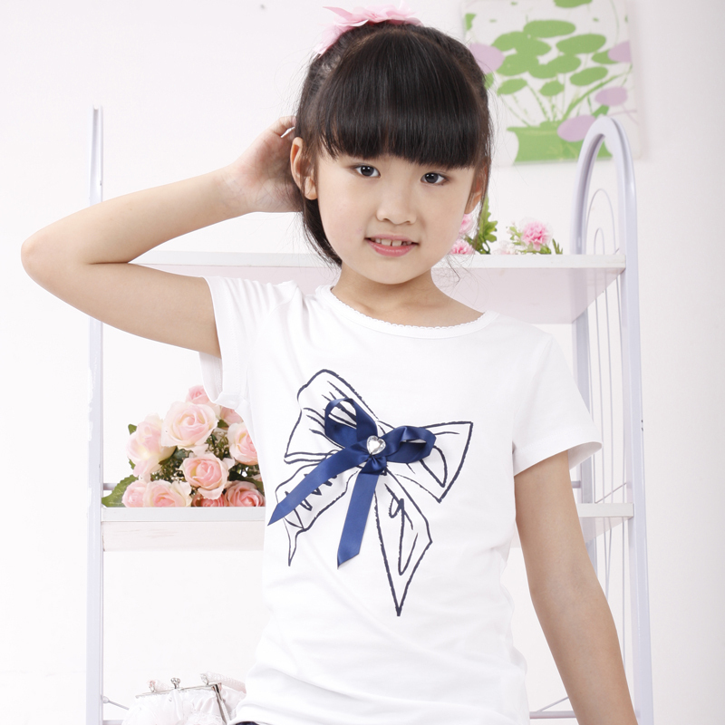 2015 夏装 韩版白色手工订钻蝴蝶结印花女童T恤 儿童短袖上衣