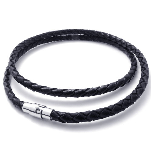 新品黑色编织牛皮项链真皮绳男士女士钛钢磁铁扣项链挂绳黑皮绳