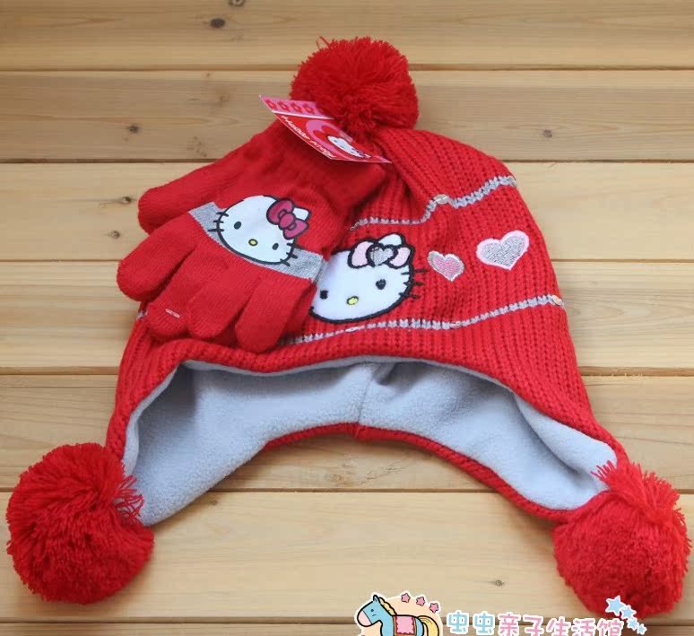 惊叹价凯蒂KITTY猫女童儿童防寒帽子手套套装保暖灰，红，白色