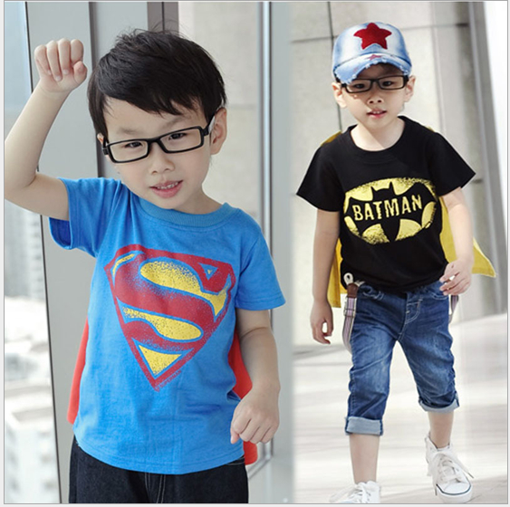 2016夏季新款超人童装短袖T恤带披风儿童奥特曼衣服男孩蝙蝠侠潮