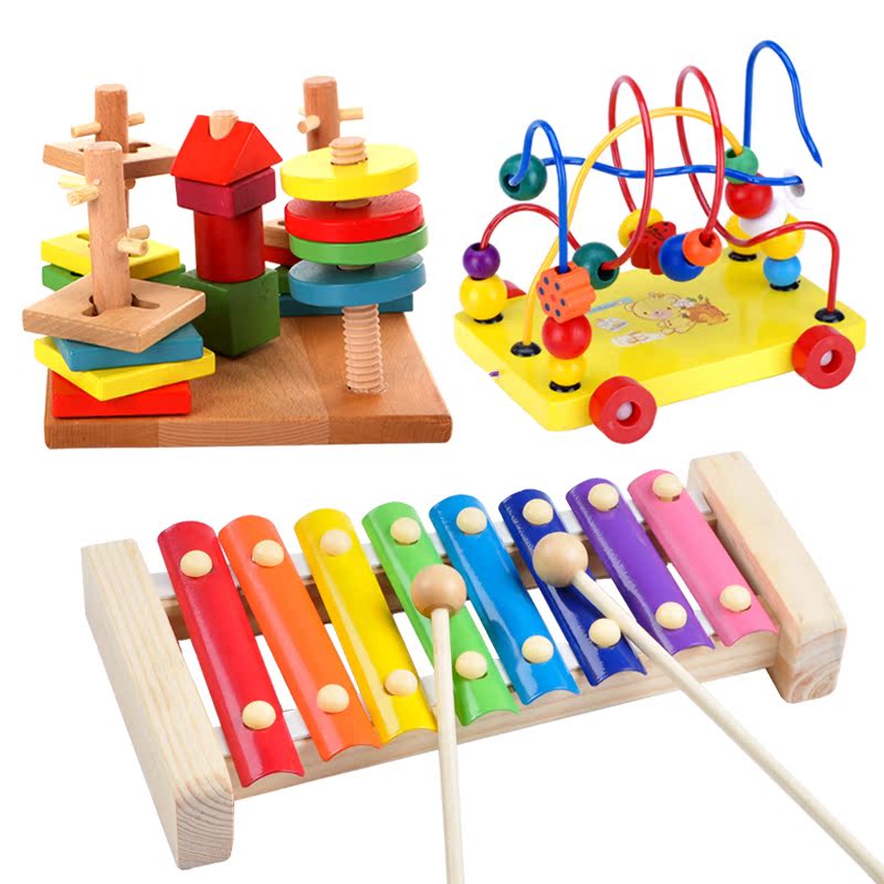 特价多彩智慧拼盘五柱套柱 儿童形状配对益智积木制组合套装玩具