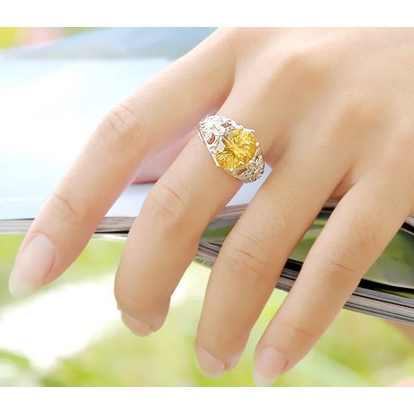 正品新年节礼物新款时尚大气天然黄水晶戒指925纯银首饰品送女友折扣优惠信息
