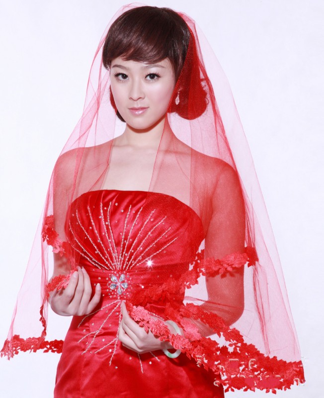 韩版新娘头纱单层头纱红色 拍照婚纱礼服配件配饰特价折扣优惠信息