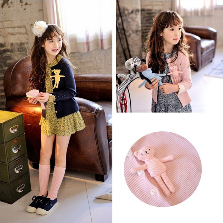 童装2015秋装韩版中小女童可爱针织螺纹开衫纽扣外套儿童上衣
