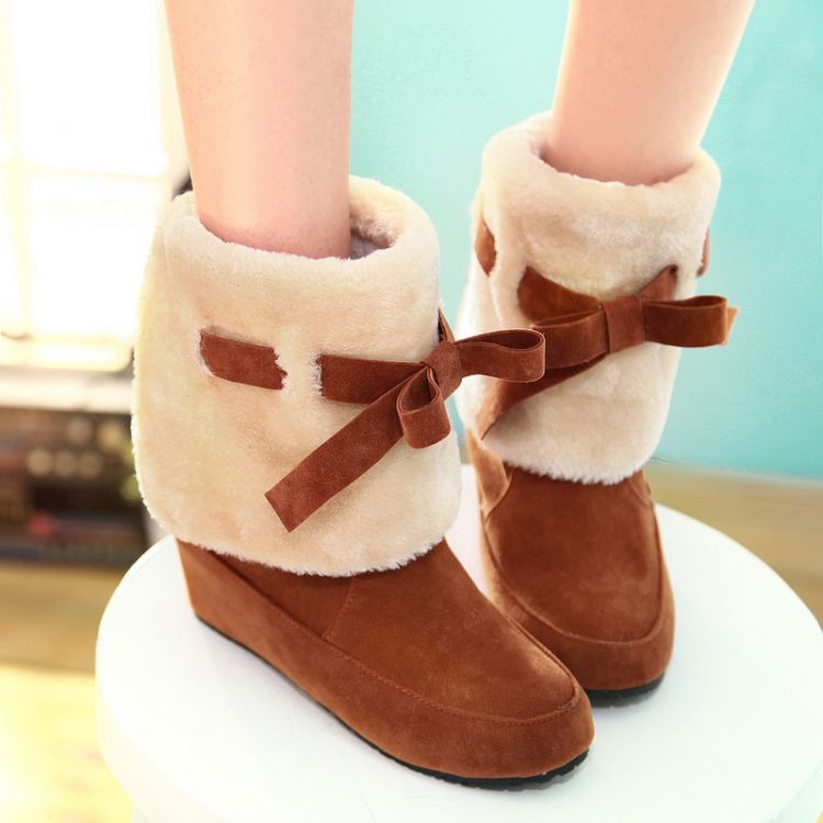 冬季加绒保暖短筒雪地靴女学生甜美可爱蝴蝶结棉鞋中跟内增高靴子
