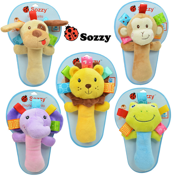 SOZZY婴儿童宝宝动物手抓握力摇铃安抚玩偶毛绒布艺BB棒玩具6-12
