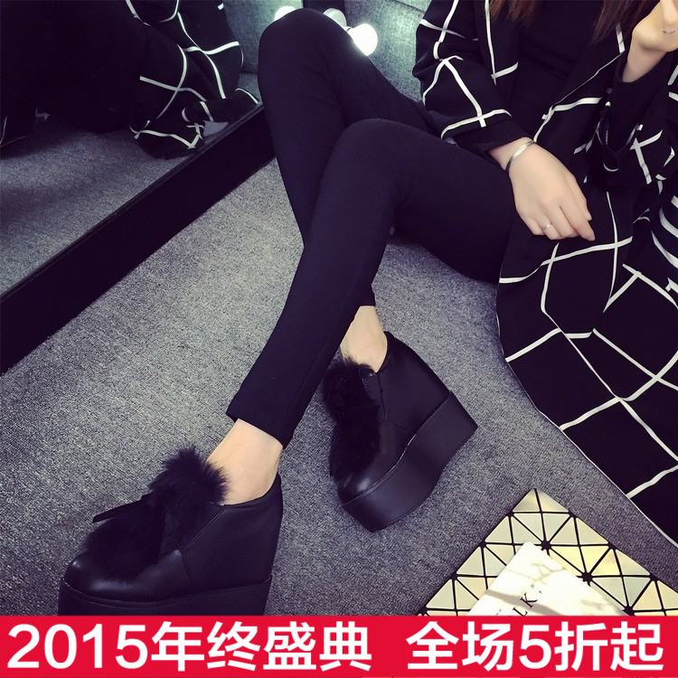 2015冬季新款坡跟厚底内增高女鞋韩版松糕底学生鞋超高跟单鞋加棉