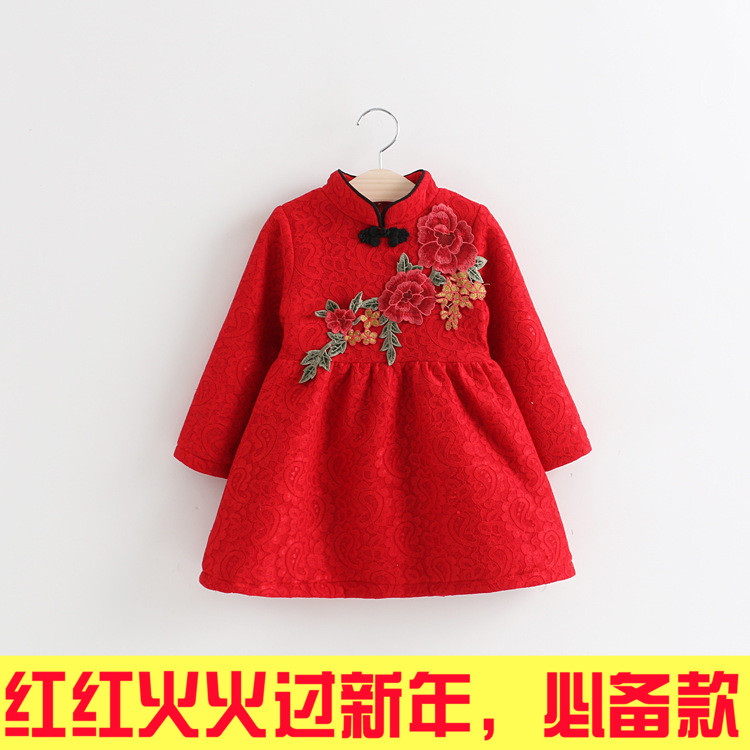 新年装韩版秋冬季童装花朵蕾丝女童宝宝加绒厚连衣裙子儿童公主裙