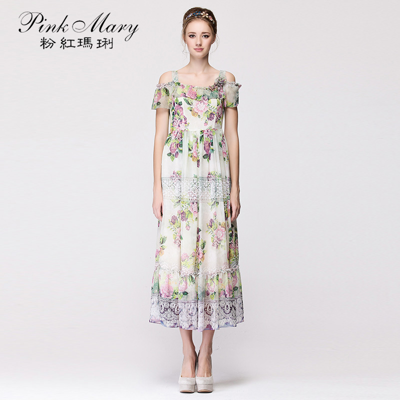Pink Mary/粉红玛琍 设计师限量 印花蕾丝拼接连衣裙子TMAEW5701