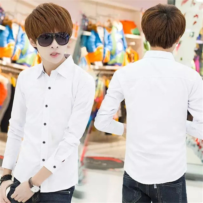 夏季青少年男士长袖衬衫男纯色韩版修身型白衬衣学生休闲潮男寸衫