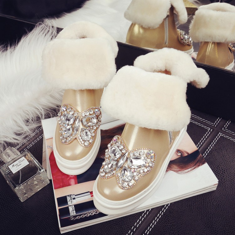 2015冬季新款甜美时尚短筒圆头中跟侧拉链内增高真皮潮女雪地靴