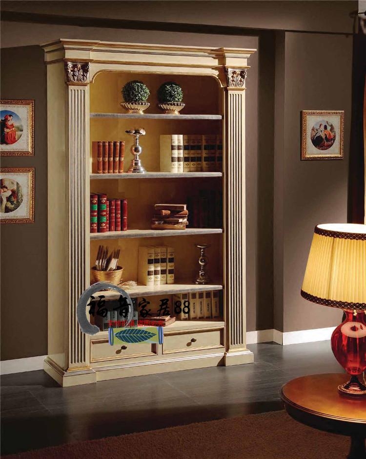 新款美式实木雕花书柜 欧式象牙白做旧储物柜展示柜 组合书柜定制
