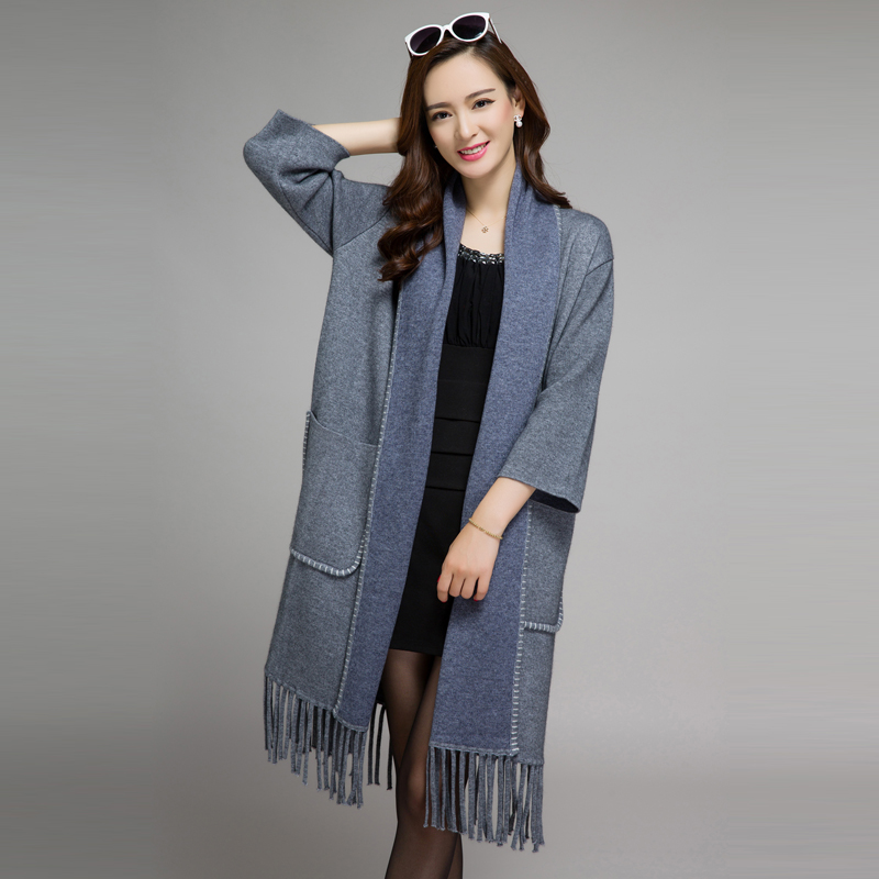 流苏下摆高端双面羊绒大衣女2015新款冬季女士羊毛大衣毛呢子外套