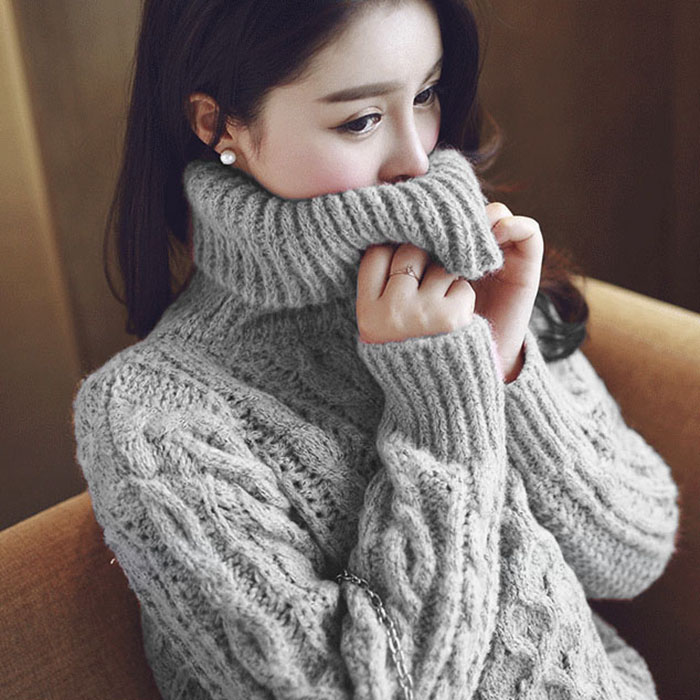 韩版高领毛衣女套头短款加厚粗针打底衫女装宽松学生针织衫上衣潮