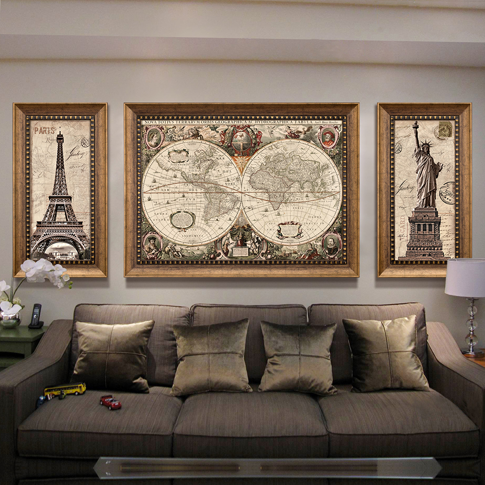 高档美式装饰画复古世界地图三联挂画有框壁画现代客厅沙发背景墙