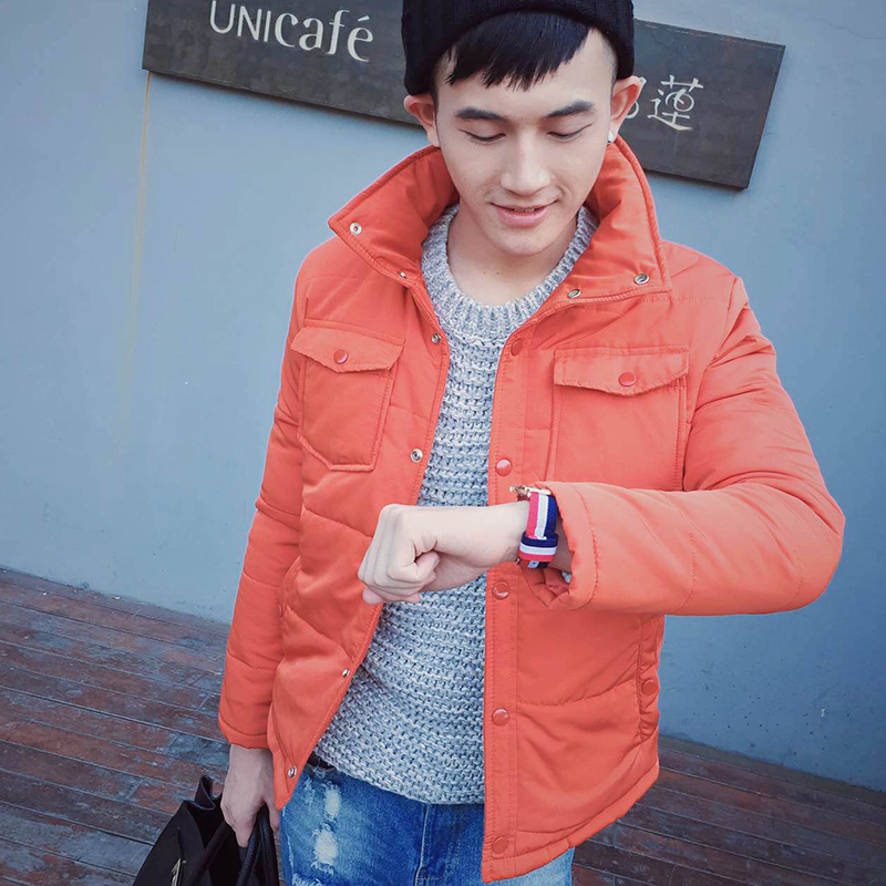 2015冬季男士新款修身日系纯色立领学生棉衣青少年韩版棉衣外套