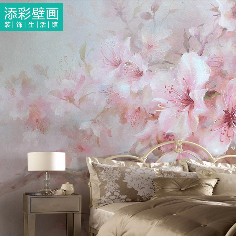 客厅卧室床头背景墙纸墙布定制暖色粉色花朵油画整幅大型壁画壁纸折扣优惠信息