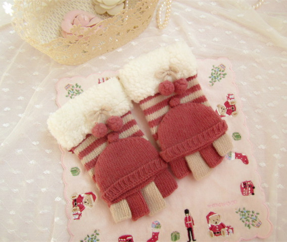 出口日本新款羊毛半指手套两用铃铛毛线手套五指针织学生女士