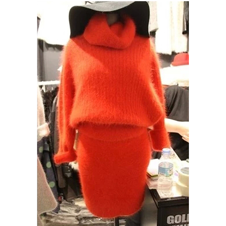 2016韩国东大门秋装新款高领橘色貂绒毛衣两件套包臀套装连衣裙女
