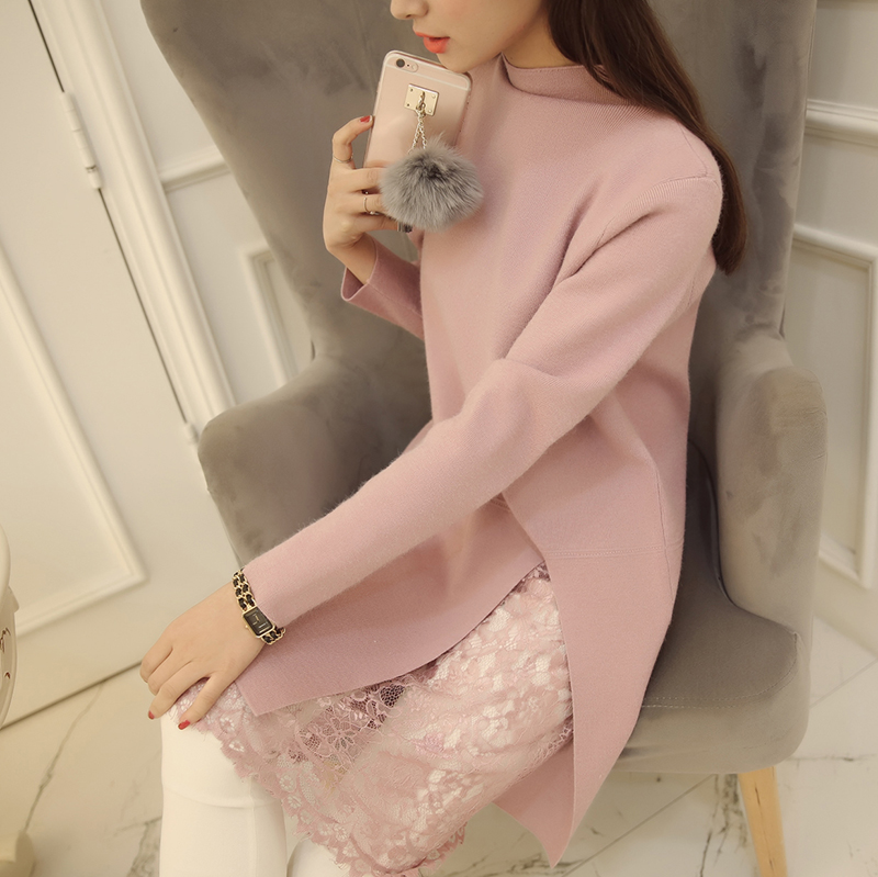 2015韩版秋冬新款女装针织衫下摆开叉中长款蕾丝套头女毛衣打底裙