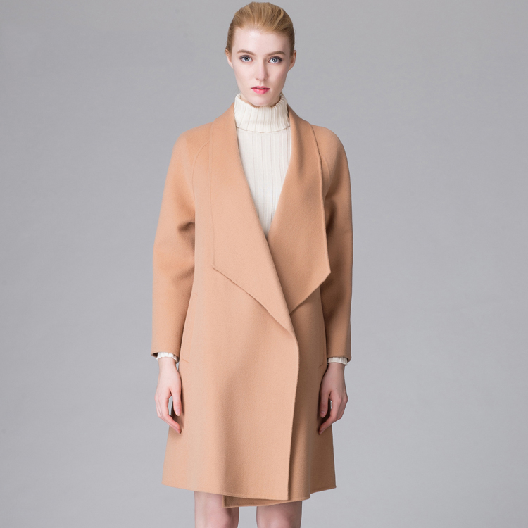 2015新款纯羊绒大衣女士翻领无扣长款双面呢大衣纯色羊毛外套