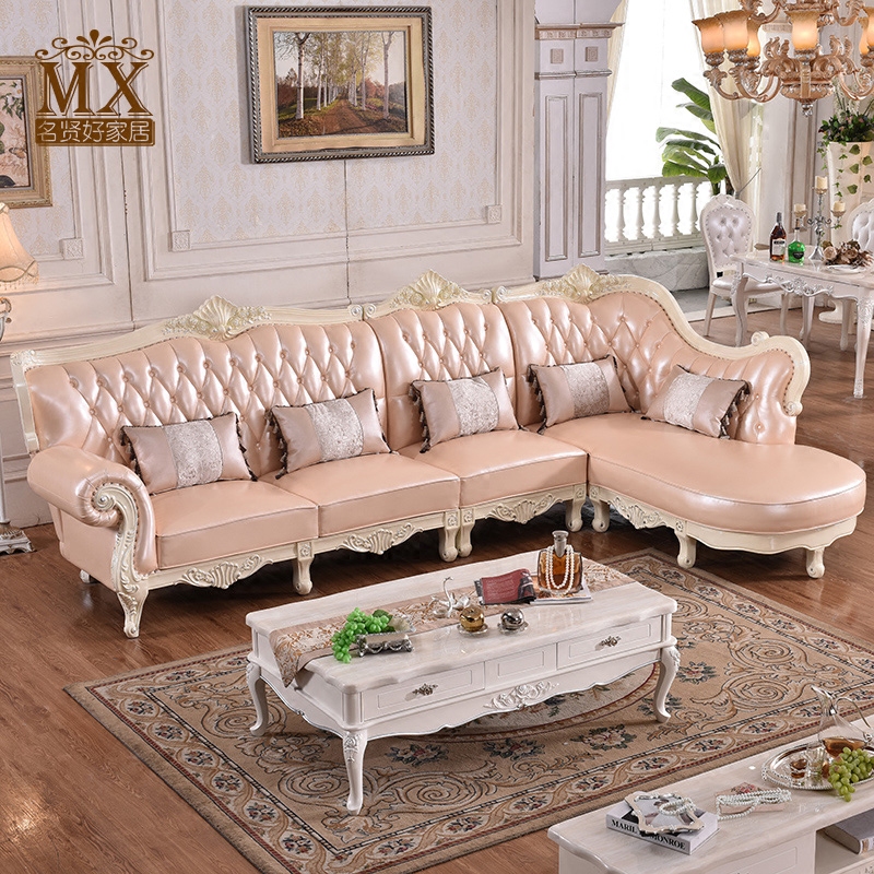 欧式转角沙发 简欧头层真皮客厅沙发组合 高档法式实木雕花小户型