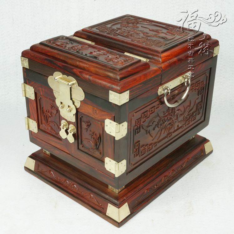老挝红酸枝木 浮雕花龙凤呈祥镜箱子红木首饰盒 收纳百宝化妆箱