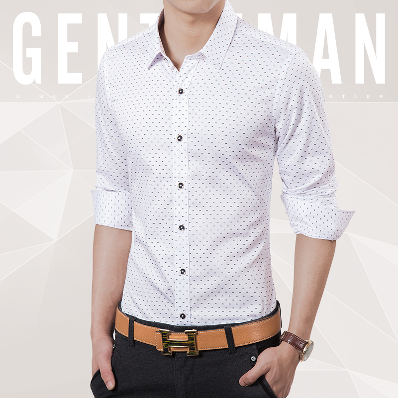2015新款韩版修身波点英伦潮男装衬衫潮寸衫 男衬衫长袖