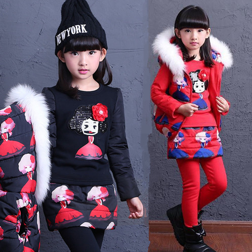 童装女童棉衣套装三件套5-7加厚冬2015韩版儿童加绒裙裤套装11岁折扣优惠信息