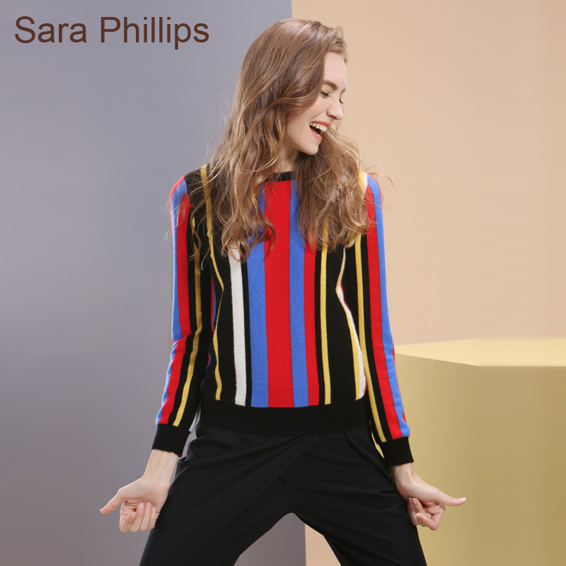 sara phillips澳洲进口山羊绒 女纯羊绒 彩色竖条圆领套头羊绒衫