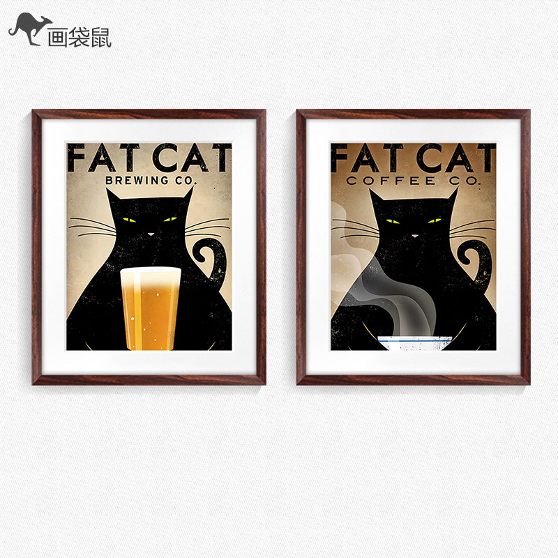 餐厅装饰画创意个性黑猫红酒啤酒挂画饭店酒吧咖啡厅有框画壁画
