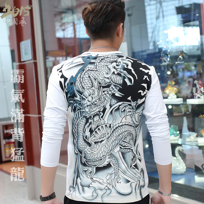 2015秋季日系个性中国风猛龙圆领长袖T恤 刺青上衣男装大码体恤衫