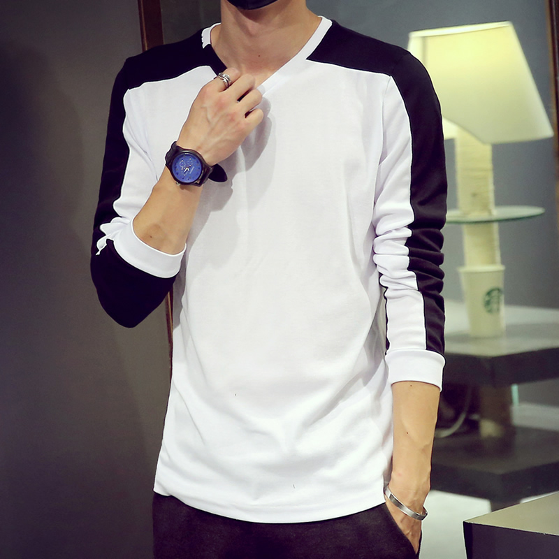 2015秋季青少年黑白撞色修身长袖T恤男士加肥加大码体恤衫潮男装