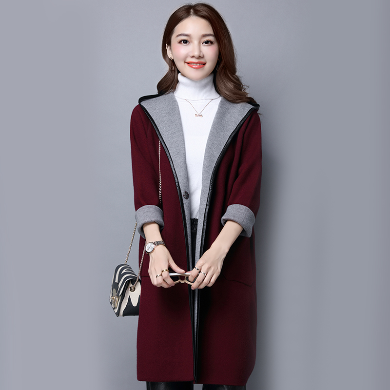 2016年秋装长袖开衫中长款修身针织衫一粒扣纯色韩版连帽大衣外套