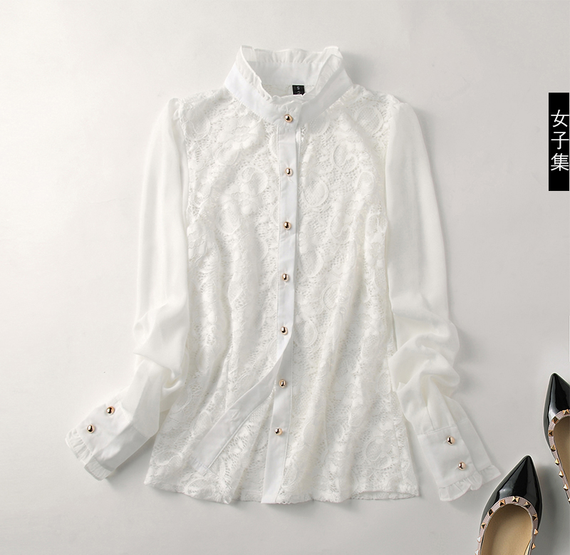 2015秋款雪纺蕾丝拼接衬衫韩版修身白色立领镂空花边女式长袖衬衣