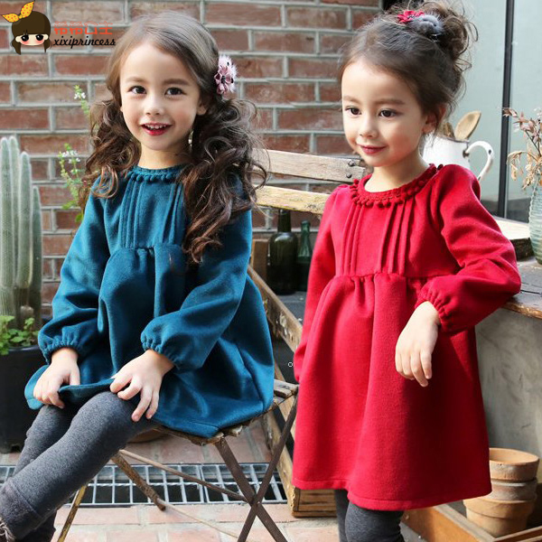 韩国童装2015冬装新款女童时尚小姐豆豆儿童加绒连衣裙加厚打底裙