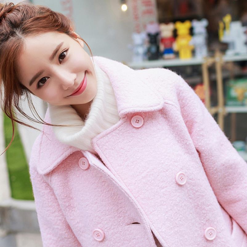 M0024 50%羊毛不平整加厚双排扣2015冬装新款韩版粉色毛呢外套