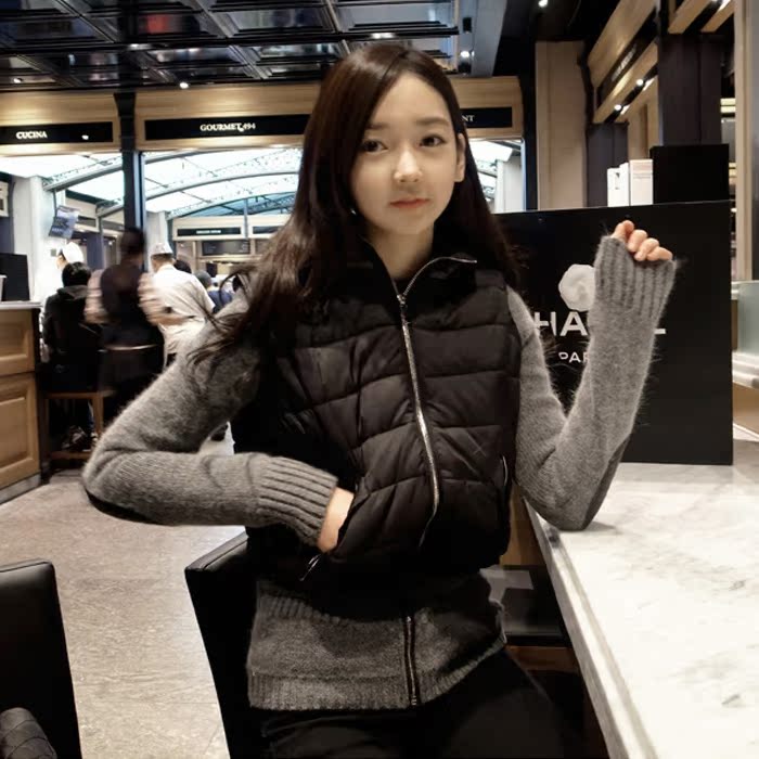 2015冬装新款韩版假两件套连帽毛线拼接修身短款小棉衣女潮外套折扣优惠信息