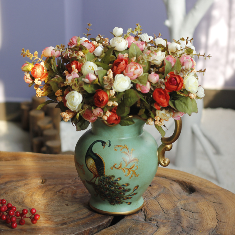 美式复古客厅家居花瓶工艺品摆设 欧式彩绘陶瓷单耳花器创意奶壶
