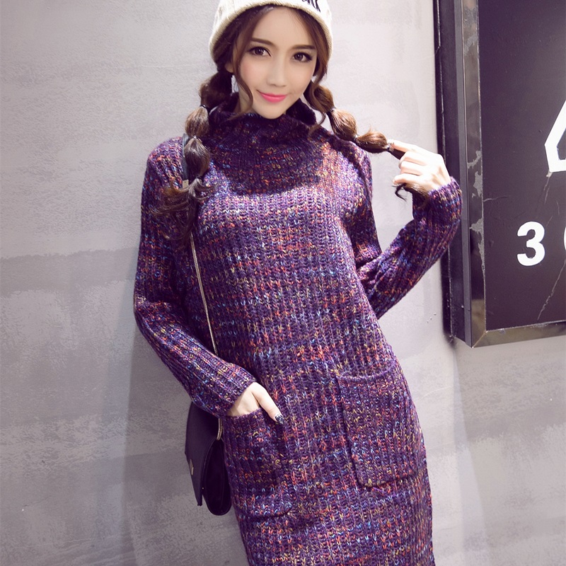 韩国代购2015秋冬外套针织衫连衣裙套头长袖女秋装中长款裙子加厚